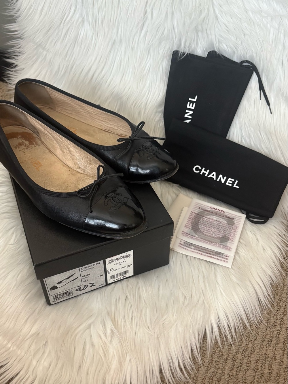 RELIST Authentic Chanel Black Patent Leather Cap Toe Ballet Flats - NEED REPAIR